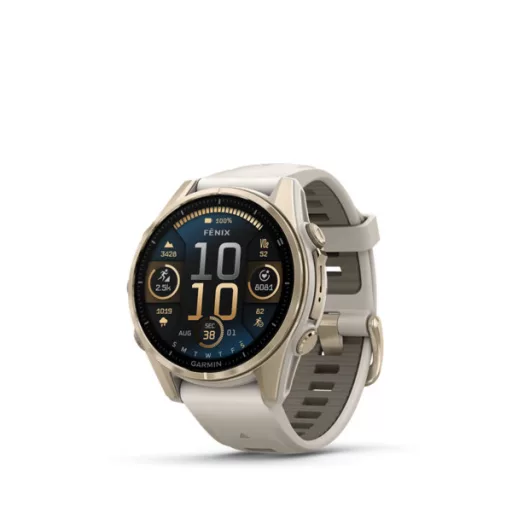 Garmin fenix 8 43mm AMOLED Sapphire, krémarany, homokkő/szürke szilikon szíjjal (ED XD) Okosóra